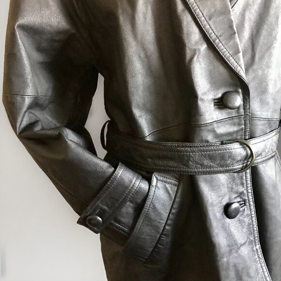 Liz Baker Black Leather Wrap Jacket 3/4 Length Belted Coat Size Petite Large - Picture 5 of 11